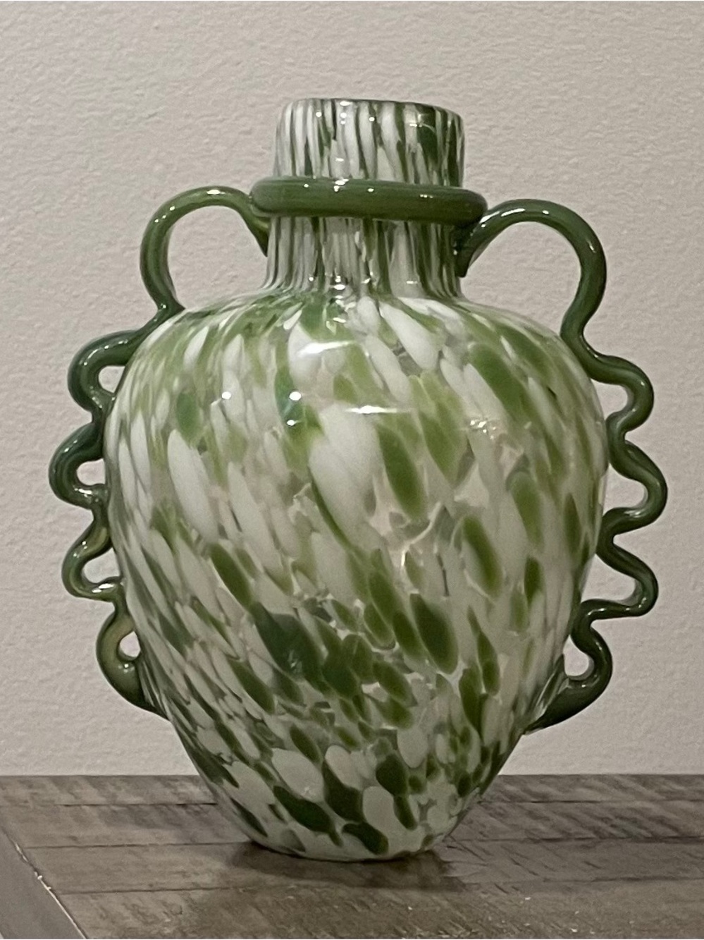 Anthropologie Milou Art Glass Vase with green confetti design. Hand blown!
